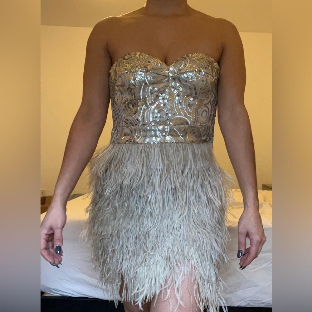 Bebe Mauve Sequin Dress with Feathers